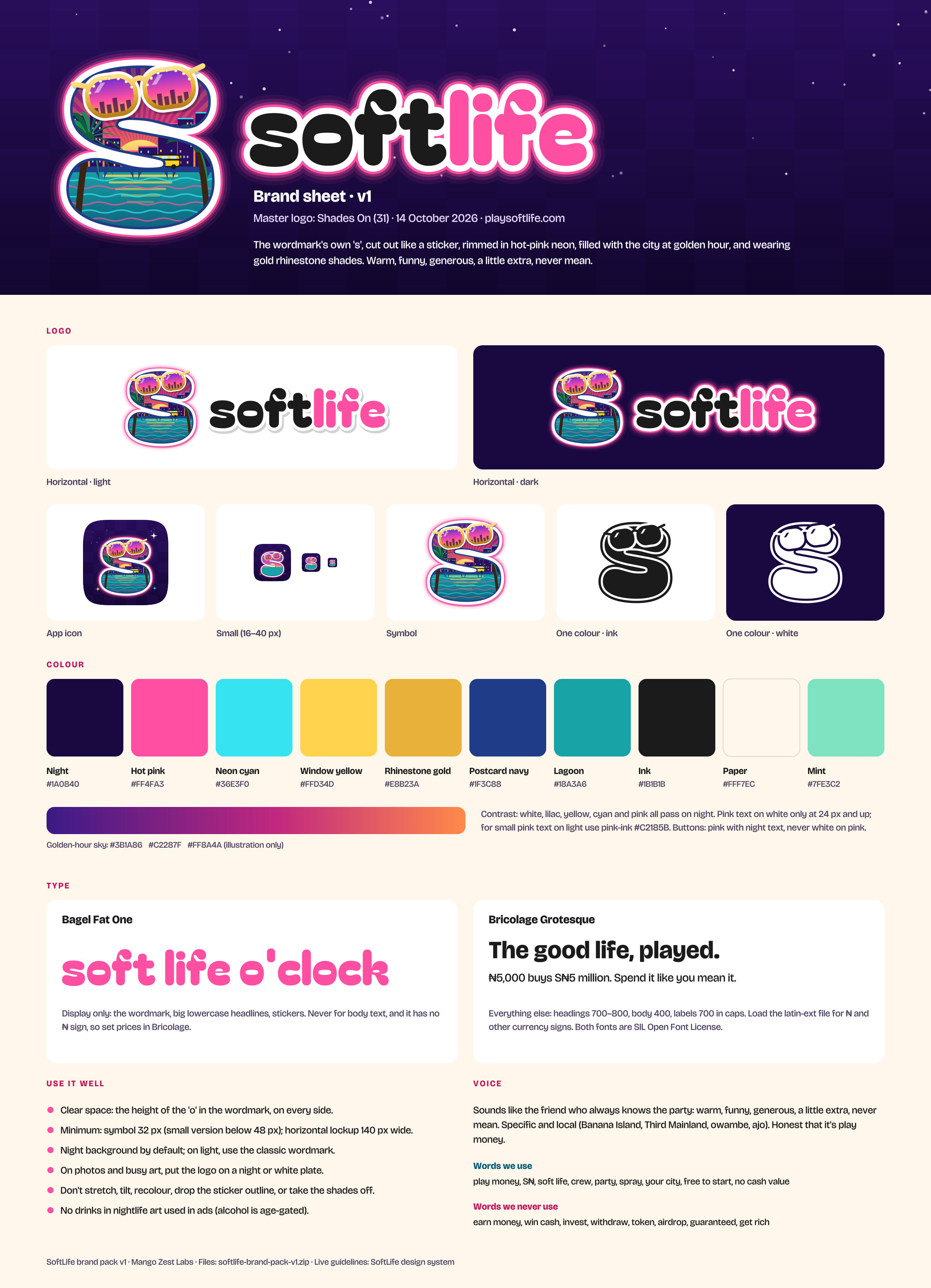 The SoftLife brand sheet: logo, colours, type, rules and voice on one page