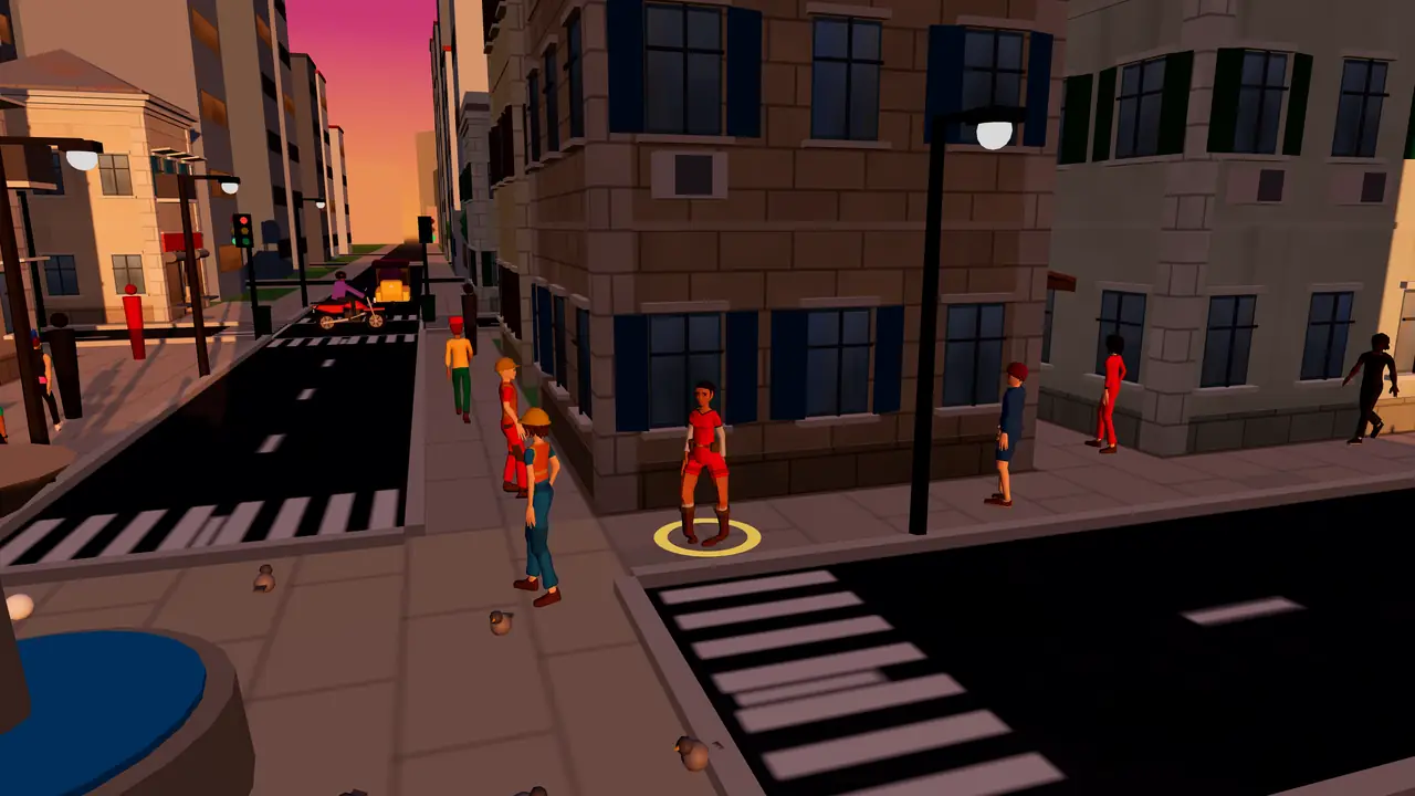 A Lagos street in SoftLife at golden hour: people on the pavement and crossing, traffic down the avenue, the sunset at the end of the road.