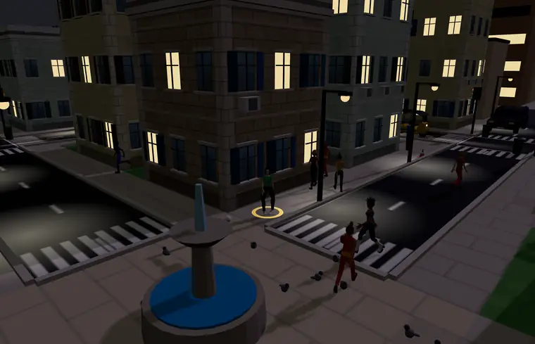 The same streets at night: lit windows, street lamps, people still out.