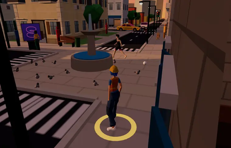 Your character on a Lagos plaza at golden hour: a fountain, crossings, a neon SoftLife sign and people out walking.