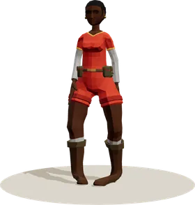 A woman in a red top, shorts and boots