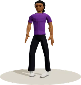 A man in a purple T-shirt and black trousers