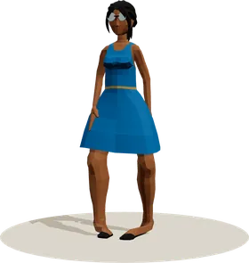 A woman in a blue dress and glasses