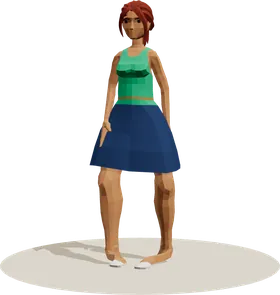 A woman with auburn hair in a teal and navy dress