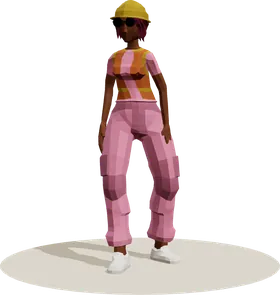 A woman in a pink tracksuit, a yellow cap and shades