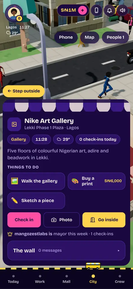 A landmark's card in the game: Nike Art Gallery, with things to do, check in, photo and go inside.