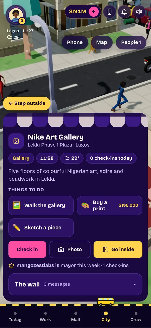 Nike Art Gallery's card: walk the gallery, buy a print, sketch a piece, check in, go inside.