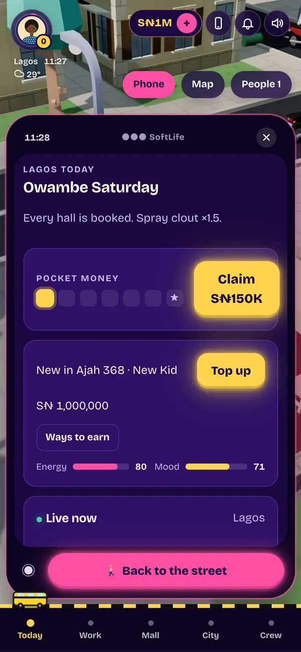 The in-game phone: today's event in Lagos, pocket money to claim, energy and mood.