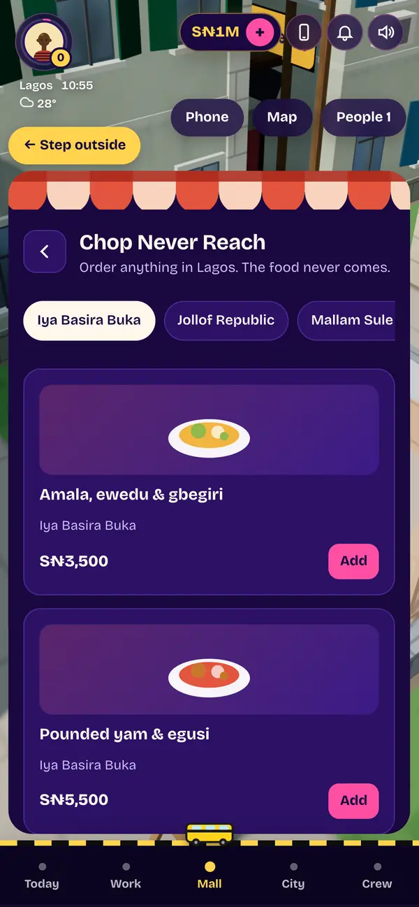 A food store over the street, with Nigerian dishes priced in play money.
