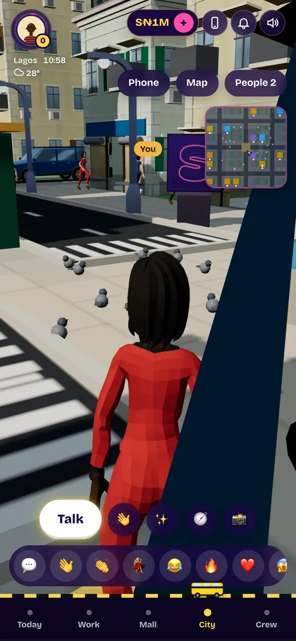 Someone walks past on a Lagos street, and the game offers Talk, Wave, Compliment and Selfie.