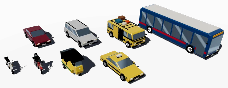 SoftLife's Lagos vehicles: two okadas, a keke, a family saloon, an SUV, a yellow taxi, a danfo with luggage on the roof and a city bus.
